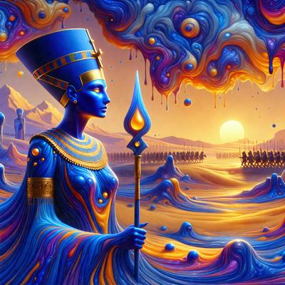 The primary subject of the image is a blue Egyptian queen, possibly a goddess, standing in a desert-like environment. She is holding a staff and appears to be looking at the sun. The setting is a colorful, surreal landscape with a mix of blue, orange, and yellow hues. The visual style is a combination of digital art and illustration, creating a vibrant and unique atmosphere. The colors and mood of the image are lively and energetic, with a strong sense of fantasy and imagination